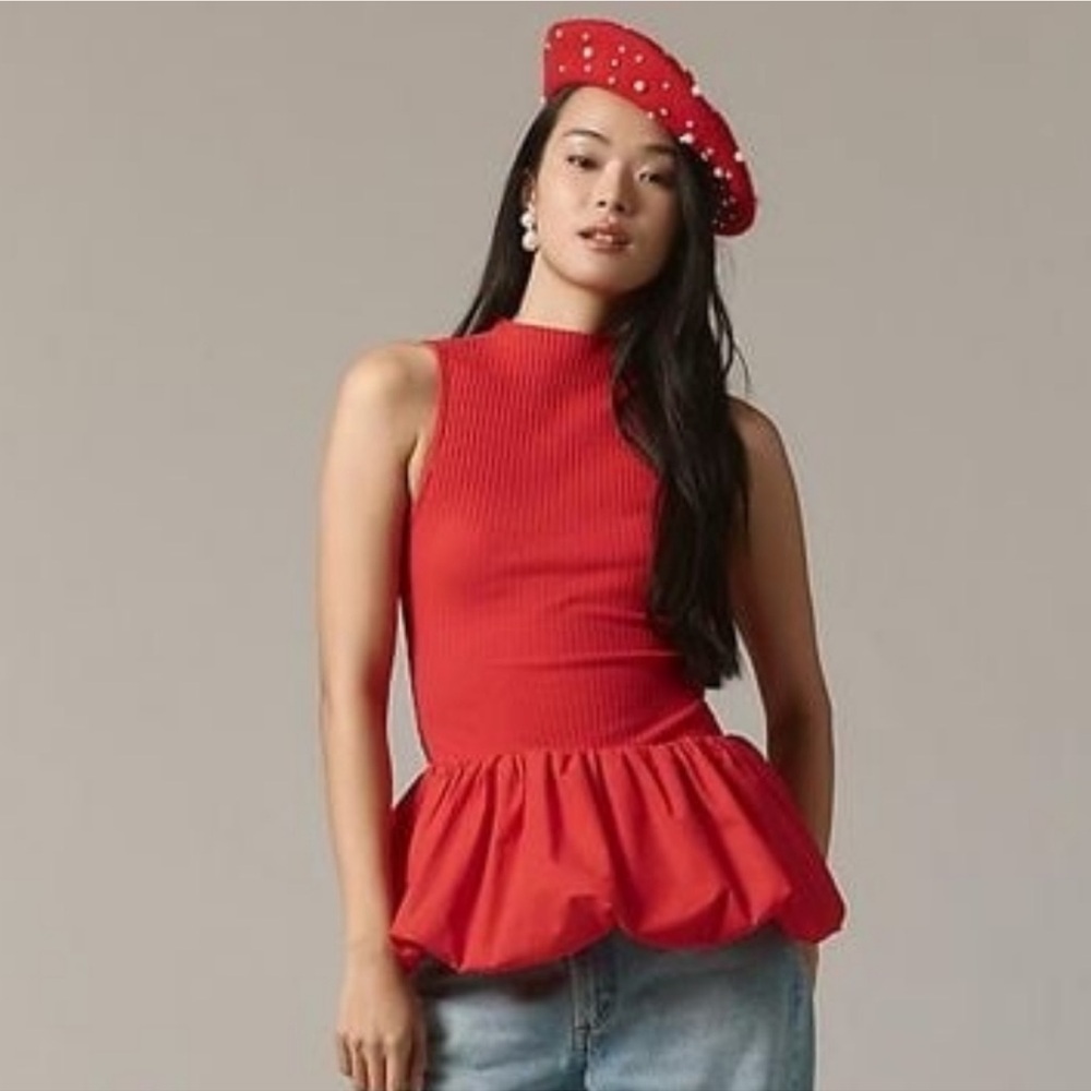 MAEVE ANTHROPOLOGIE Red Rouge Sleeveless Bubble Peplum Top Shirt Rib Dress XS